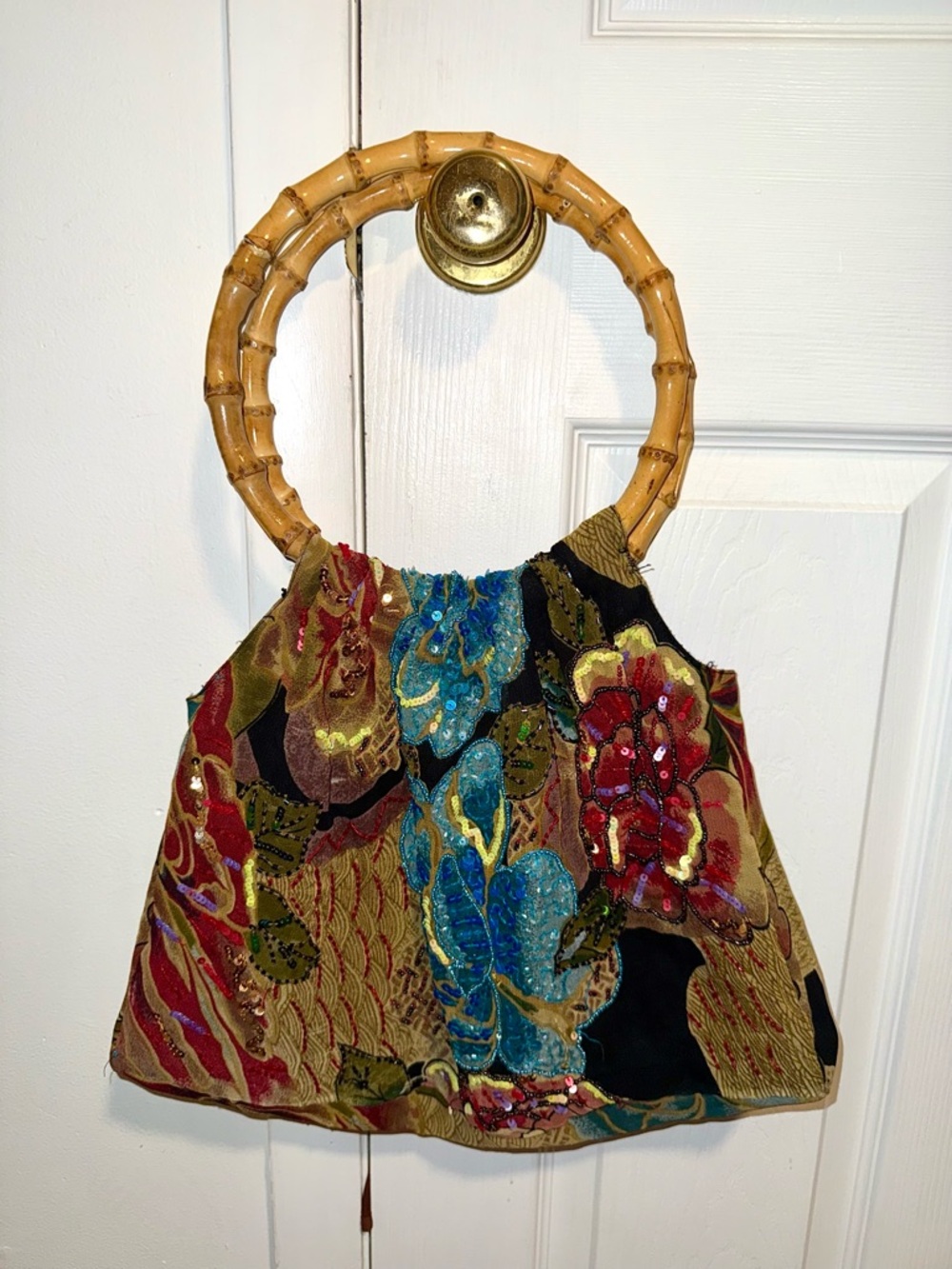Vintage Boho Floral Embroidered Bamboo Handle Handbag Multicolor ChristinaDesign